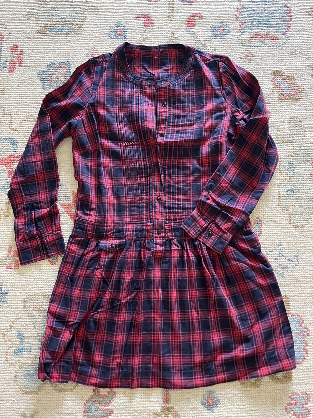 J. Crew Red and Navy Plaid Long-Sleeve Shirt Dress